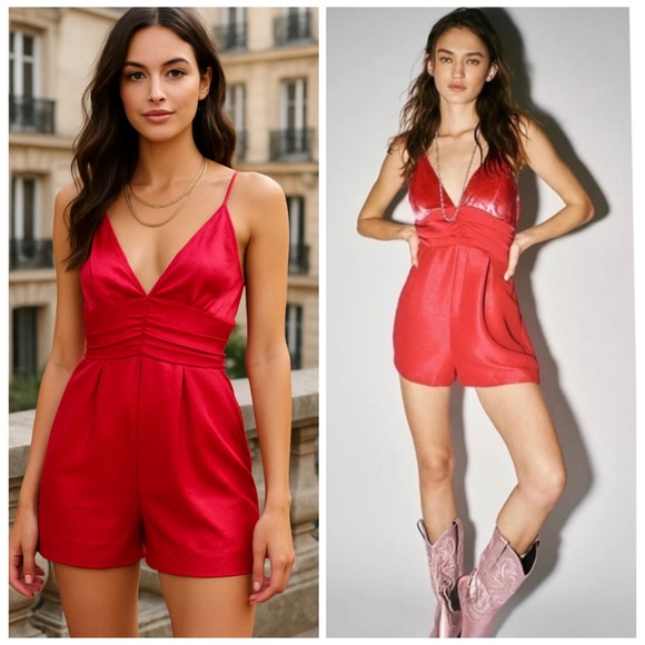 Free People Pants - Free People Bright Pink Satin Romper Size 2 Barbiecore V Neck Party